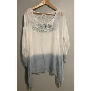 Flew De Lis Tunic Top Womens Large White Blue Ombre Sheer Lined Boho Fairy